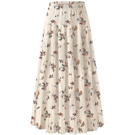 comefohome Maxi Skirts for Women UK Pleated Long Flowy Chiffon Elasticated Waist Tiered A Line Ladies Summer Skirt Floral 02 M
