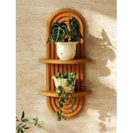 Bamworld Boho Wall Decor Brown Plant Wall Shelf Mid Century Modern Decor Hanging Plant Shelf 16.7in 2 Tier Wooden Floating Shelves for Home Bathroom Bedroom Living Room Office Holding Planter