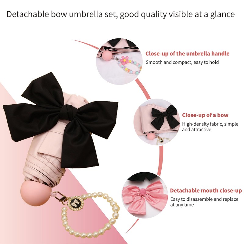 Baestappy Pink Bow Umbrella,Mini Compact Windproof Folding Umbrella for Rain