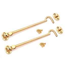 Pack of 2, 8" (200mm) Heavy Duty Brass Cabin Hook & Eye Silent Catch/Latch/Holder/Back Gate/Shed/Patio Door in Various Finishes (Polished Brass)