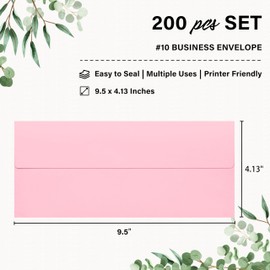 200 Pack #10 Business Envelopes, Self Seal Standard Pink Envelopes for Secure Business & Legal Mailing, Office, Checks, Letter, Invoices, 4 1/8 x 9 1/2 Inches