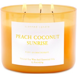 T&H Peach Coconut Sunrise Scented Candle - Large 3 Wick Soy Candles 15.8 oz - Relaxing Aromatherapy Candle - Refreshing Candles for Home - Long Lasting Candle for Women and Men