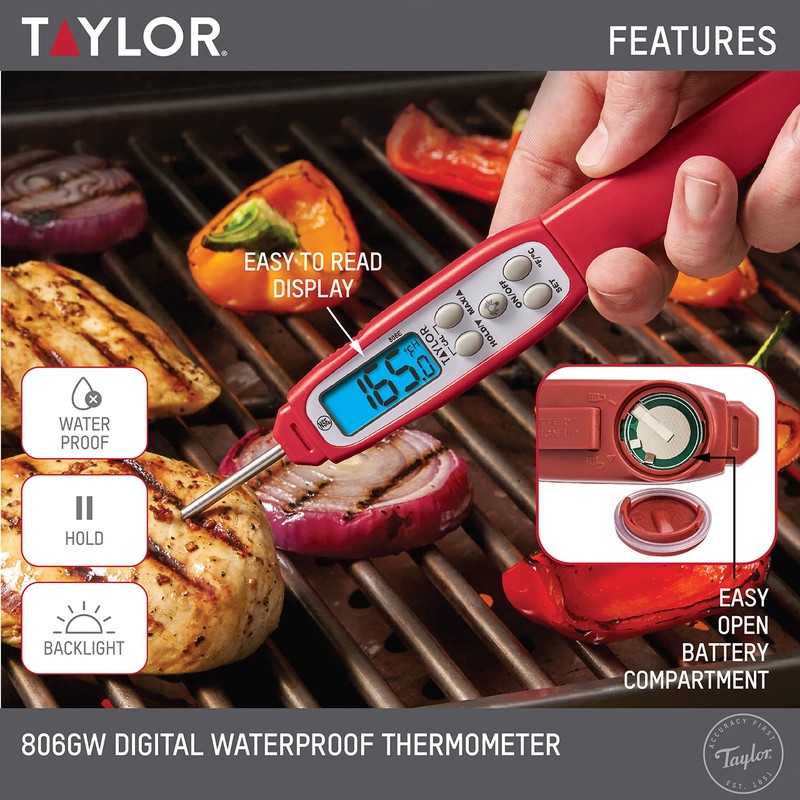Taylor Digital Waterproof Thermometer with Bright Blue Backlight for Kitchen,