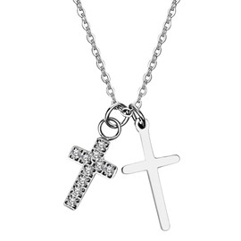 Oidea Double Cross Necklace for Women: Silver Shiny Zircon Cross Pendant Stainless Steel Faith Necklaces Religious Jewelry Gifts for Womens