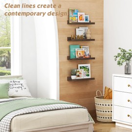 Forbena Rustic Wood Floating Shelves with Lip for Living Room Wall Set of 4, Narrow Picture Ledge Shelf, Wooden Wall Shelves with Rail for Bedroom Photo Frames, Bathroom Storage (Dark Brown)