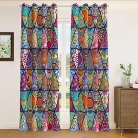 Tyrot Boho Mandala 100% Blackout Curtains for Bedroom 63 inch Length 2 Panels Set Colorful Bohemian Floral Thermal Insulated Room Darkening Window Drapes Black Out Curtains for Living Room, 52Wx63L