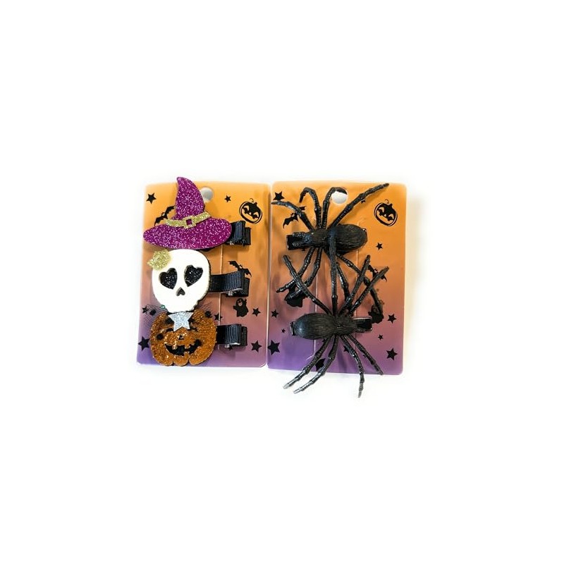 Halloween Spider Hair Clips Set, Glitter Skull Slides, Witch Hat,