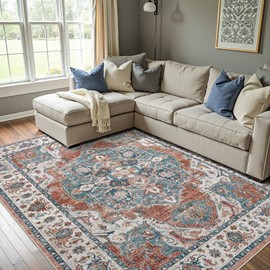 jinchan Area Rug 8x10 Washable Living Room Rug Indoor Large Vintage Floor Cover Distressed Rusty Red Multi Lightweight Non Slip Thin Carpet for Kitchen Bedroom Dining Room