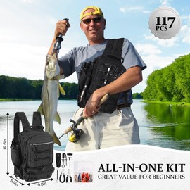 FUNANASUN 117Pcs Fishing Backpack with Tackle Boxes, Waterproof Fishing Tool Kit with Pliers, Fish Hook Remover, Lip Gripper Ideal Gift for Boys, Grandsons, Husband