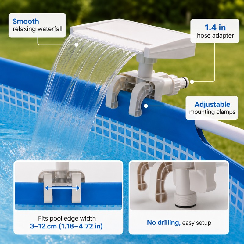 Above-Ground Pool Waterfall Fountain Attachment – Adjustable Clamp for 1.2–4.7