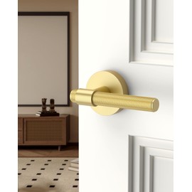 Asidrama 1 Pack Privacy Gold Knurled Door Handles, Door Lever with Door Knobs Indoor for Bedroom or Bathroom, Heavy Duty Brushed Gold Door Handles Interior with Locks for Left Right Sided Doors
