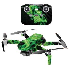 MightySkins Carbon Fiber Compatible with DJI Mini 2 Portable Drone - Green Flames | Protective, Durable Textured Carbon Fiber Finish | Easy to Apply and Change Styles | Made in The USA