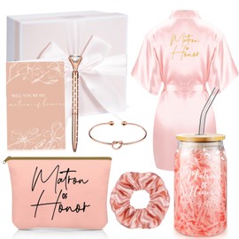 Irenare 8 Pcs Matron of Honor Proposal Gifts Set Robes Makeup Bag Cup Cards Hair Tie Bracelet Diamond Pen Bridesmaid Gift Box