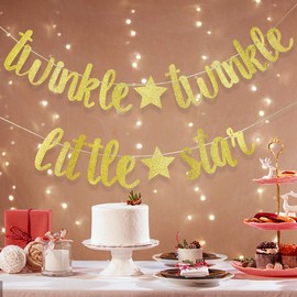 Twinkle Twinkle Little Star Banner, Twinkle Twinkle Little Star Baby Shower Birthday Party Decorations Supplies (Gold Glitter)