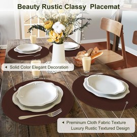 Rinpon Cloth Round Placemats Set of 8,Rustic Linen Type Fabric Placemats Machine Washable Placemats Heat Resistant Placemats Wrinkle Free Thick Polyester Kitchen Place Mats for Dining Table-Dark Brown