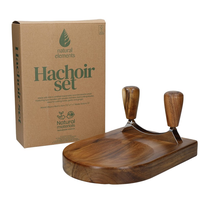 Natural Elements Double Mezzaluna Chopper with Wooden Herb Chopping Board,