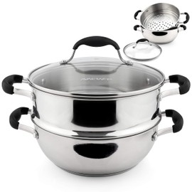 AVACRAFT 18/10, 3 Piece Stainless Steel Steamer Cooking Pot & Pan Set with Glass Lid, Momo Maker, Induction