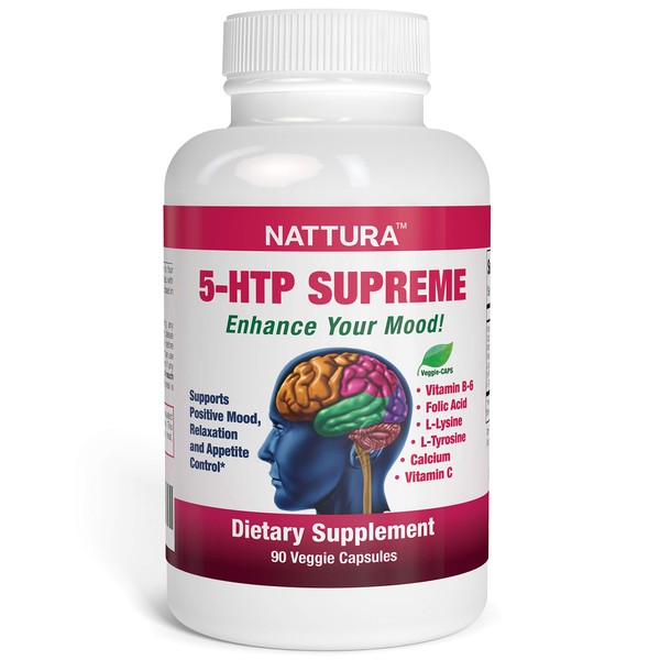 Nattura 5-HTP Supreme - for Positive Mood, Relaxation and Appetite Control - with 5-HTP, L-Tyrosine, L-Lysine, Vitamin B6, Folate (Folic Acid), Vitamin C (Ascorbic Acid), Calcium - 90 Capsules