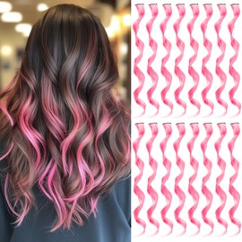 16 Pcs Pink Hair Extensions Curly Wavy Clip in Synthetic Hairpiece