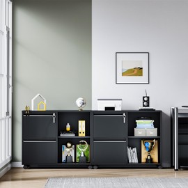 Yizosh 2-Drawer Metal File Cabinet with Lock, Mobile Lateral Filing Cabinet, Printer Stand with Adjustable Storage Shelves for Home Office (Black)