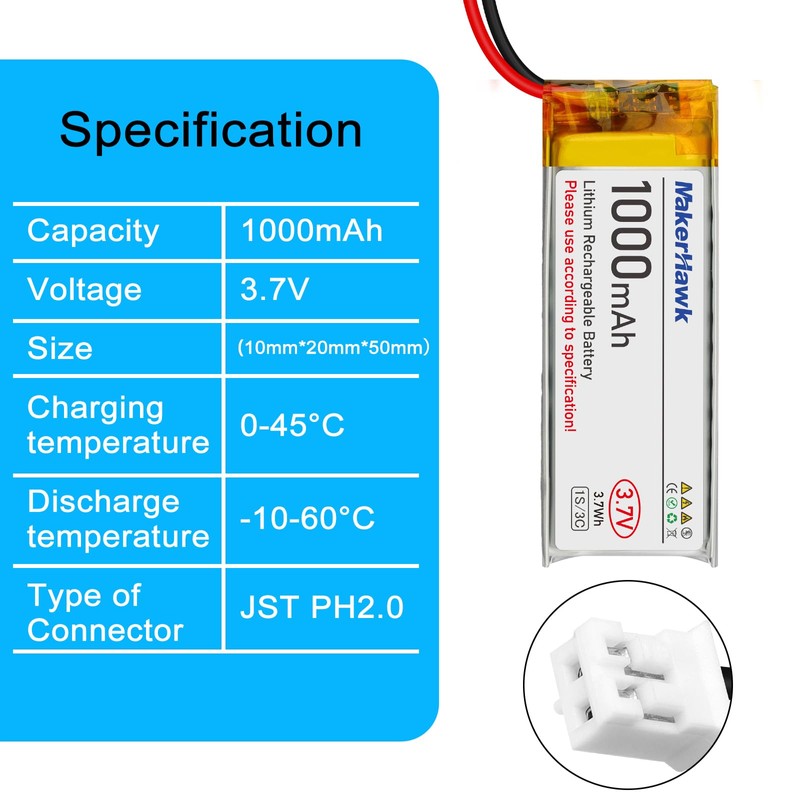 MakerHawk 4 Pack 3.7V 1000mAh LiPo Battery Rechargeable 1S 3C