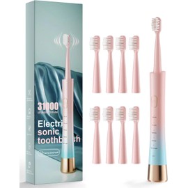 AJELU Pink & Blue Gradient Rechargeable Sonic Electric Toothbrush for Adults, 5 Modes with Smart Timer, 8 Replacement Brush Heads Soft Bristles, High Vibration, Perfect for Home, Travel, Gift
