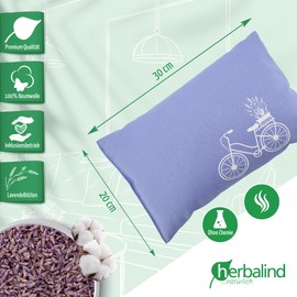 HERBALIND Lavender Cushion 30 x 20 cm - Scented Cushion with Lavender Flowers and New Sheep's Wool, Cotton Cover with Bicycle Motif on Lavender Blue