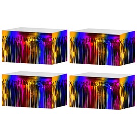 4 Pack 29x108 Inch Metallic Foil Fringe Tinsel Table Skirts for Rectangle Tables Streamer Backdrop for Wedding, Birthday, Parade Floats, Valentine's Day, Mardi Gras Party Decoration(Rainbow)