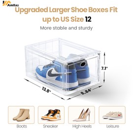 Amllas 12 Pack Clear Shoe Boxes Stackable,Shoe Storage Boxes for Closet,Sturdy Shoe Box Storage Containers with Clear Door,Sneaker Storage,Easy to Assemble,Fit up to US Size 12(13.8”x 9.84”x 7.1”)