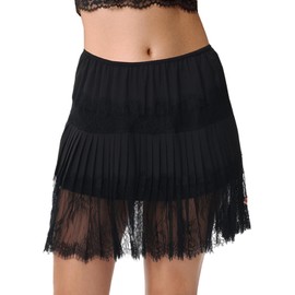 Womens Lace Pleated Skirts Flowy Y2K Style Floral Ruffled Lace Trim Mini Skirts with Lining, 51 Black, Large-X-Large