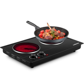 Double Burner, CUSIMAX Hot Plates for Cooking, 1800 Watts Electric Ceramic Infrared Cooktop, Portable Countertop Burner, Glass Plate, Heat-Up in Seconds, Stainless Steel Upgraded Version