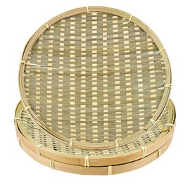 Natural Bamboo Woven Trays, Round Handmade Stackable Basket for Kitchen, Dining, Garden Organization Flat Fruit Vegetable Storage (3 Pack 12 Inch)