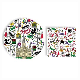 Fabuplates 48pc New Orleans Party Plate and Napkin Set – Premium Disposable Tableware, Iconic French Quarter NOLA Theme, 24 9" Plates, 24 Luncheon Napkins – Mardi Gras, Crawfish Boils, Tea Party