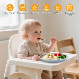 JVEOO Stainless Steel Toddler Plates with Suction, 4 Pack Kids Baby Plates Set with Sturdy Silicone Suction Base Easy to Clean 9 inch