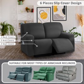 ULTICOR Jacquard Fabric Loveseat Cover, 6-Piece, 48-65'' L, Reclining Sofa Cover, Washable, Black
