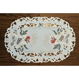 Doily Boutique Place Mat or Doily with Red Christmas Candles and Lace Bells on Material Size 17 x 11 inches