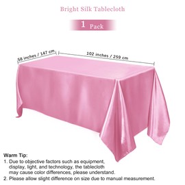 TURSTIN 1 Pack Pink Satin Tablecloth 102 x 58 Inch Overlay Satin Table Cover Rectangle Bright Silk Tablecloth Smooth Fabric Table Decoration for Wedding Banquet Party Events