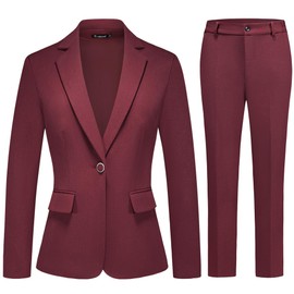 TRONSTORE Women's 2 Piece Outfits Business Formal Blazer Pant Suits for Women Solid Slightly Shiny Wine Red 2XL