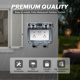 ZUYIYI Outdoor Power Outlet, Waterproof Weatherproof IP66 Electrical Outlet Box, 15A 110-250V Outdoor Plug Socket, Lockable Socket with Cover for Garden Outside Indoor (with Switches & LED indicator)