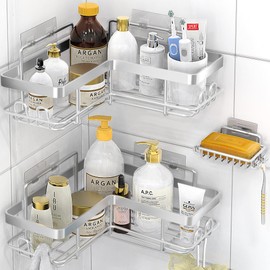 Moforoco Corner Shower Caddy, 3 Pack Shower Organizer Shelf with Soap Holder and 12 Hooks, Adhesive Shower Shelves Rustproof for Bathroom, Shower Storage Basket Bathroom Shower Accessories(Silver)