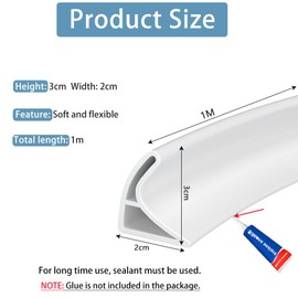1M Curved Groove Shower Threshold Water Barrier, Wet Room Floor Barrier Dam,Shower Tray Sealing Strip,Bathroom Floor Seal Trim,Sink Bathtub Countertop Water Retaining Strip(White,3cm H*2cm W)