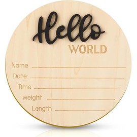Baby Announcement Sign, 5.9 Inch Wooden Hello World Newborn Welcome Sign Birth Baby Name Plaques for Photo Props Baby Shower Hospital Nursery(Black)