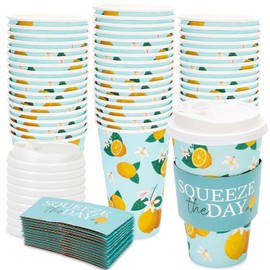 JarThenaAMCS 48 Pack Lemon Disposable Coffee Cups with Lids and Sleeves Blue Yellow Lemon Paper Cups Drinking Cups for Summer Party Supplies