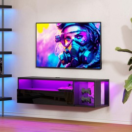 soges LED TV Stand, Wall Mounted TV Table with Cable Management, Floating TV Stand Entertainment Centre, LED TV Cabinet Media Console TV Cabinet with Door for Living Room, Bedroom, Black