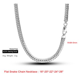 Meilanduo Solid 925 Sterling Silver Flat Snake Curb Chain Link Necklace 6MM 18, 20, 22, 24, 26 Inches for Men & Women (22", Silver-Tone)