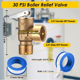 Gulfmew 30 PSI Pressure Relief Valve, Boiler Relief Valve with 3/4 NPT Thread, PTFE Thread Seal Tape, Brass, for Hot Water and Cold Water Systems