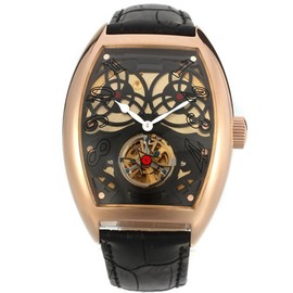 FORSINING Full automatic Mechanical Barrel Shaped Leather Band Men Watch(Black Dial Rose Gold )