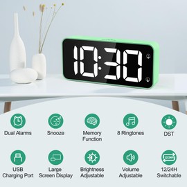 HERMIC Digital Alarm Clock Bedside Mains Powered Large Digital Led Display, Full-Range Brightness Dimmer, Adjustable Alarm Volume, Snooze, Dual Alarm, 12/24H, USB Charging Port, Easy to Use Green-1