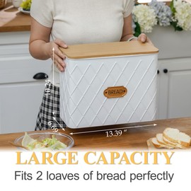 HOME PALETTE Extra Large Bread Box for Kitchen Countertop Corner Breadbox for Homemade Bread Metal White Rhombus Pattern Embossed Storage Container Bin with Bamboo Lid Fits 2 Loaves of Bread