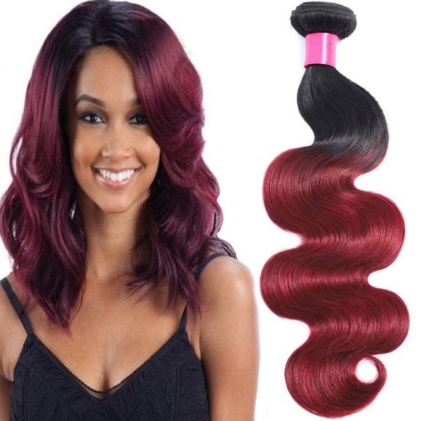 Misoun Ombre Brazilian Hair Body Wave One Bundle, Ombre Brazilian Virgin Hair Human Hair Weave Weft Extension Two Tone Black to Burgundy (1B/99J,18")